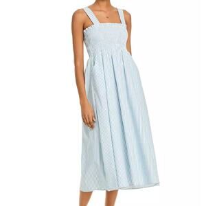 AQUA Women Striped Smocked Sleeveless‎ Blue & White Ocean Midi Dress Small